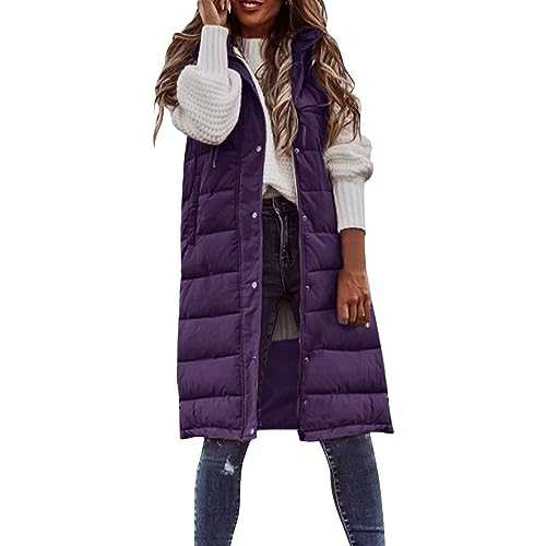 FNKDOR Gilet for Women UK Long Hem Gilet Jacket Winter Warm Coat with Hooded Pockets Body Warmers for Woman Zip Quilted Vest Sleeveless Waistcoat for Ladies Gilets Bodywarmers