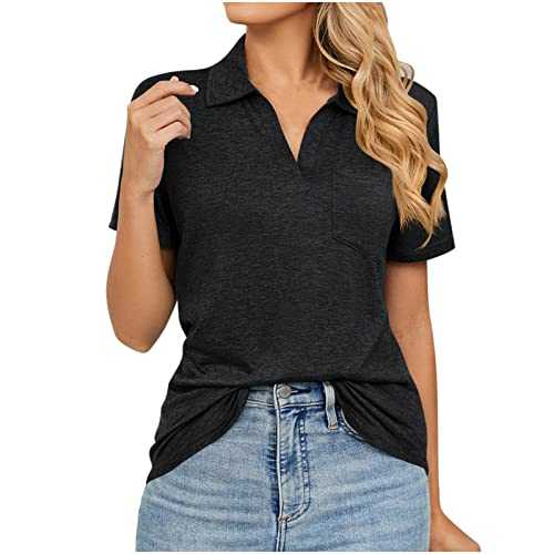 AMhomely Polos Shirts Women UK Summer Short Sleeve Shirts Solid V Neck Tunic Tops Puff Sleeve Loose Tee Shirts Plain Classic Pullover Tops Baggy Basic T Shirts Plain Gym Fitness Blouse