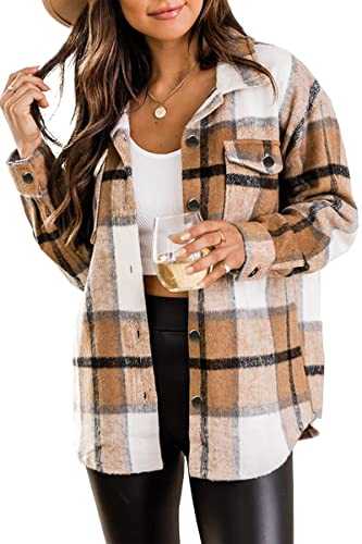 Women's Checked Flannel Shirt Long Sleeve Plaid Shacket Casual Cotton Button Down Lapel Jacket Coat