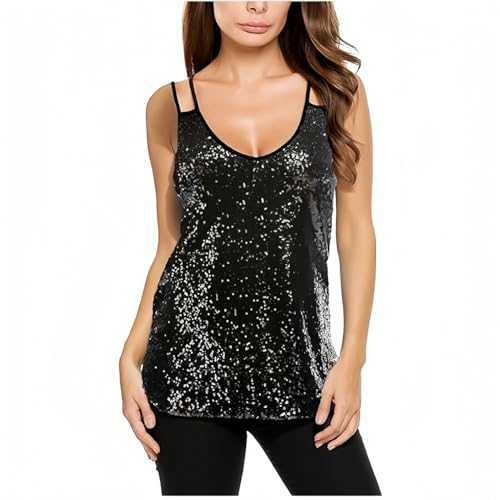 SamHeng Sequin Tank Camisole Tops for Women Sleeveless Glitter Vest Shirt Party Blouse V Neck Shining Cami Tank for Night Club Cocktail Party