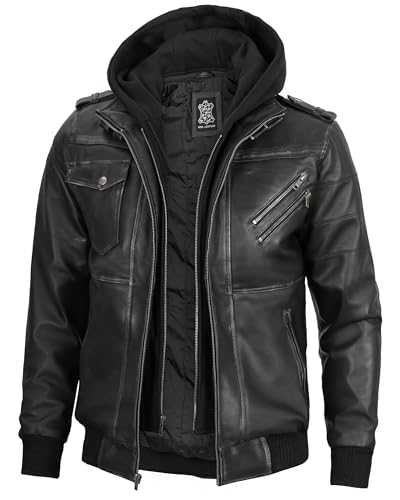 Decrum Hooded Leather Jacket Men - Bomber Leather Jackets For Men With Removable Hood