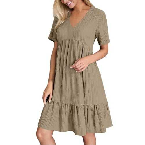 Summer Dresses for Women 2025 Solid V-Neck Short Sleeve Midi Dress Pleated Swing Short Beach Sundresses Summer Dress for Women Short