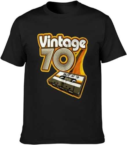 70'S Cassette Tape Present Men's T-Shirt Unisex Black Cotton Print Tee Shirts(Large)