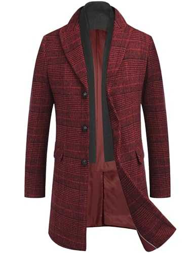 COOFANDY Men Peacoat Coat Slim Fit Trench Coat Plaid Wool Pea Coat Single Breasted Winter Overcoat (Red Plaid M), Red Plaid, Medium