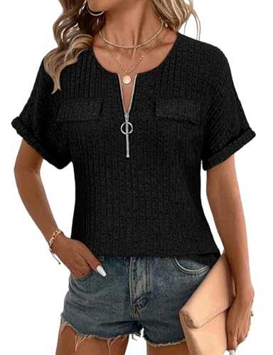 Gemulate Womens Tops Short Sleeve Ladies Tops Zip Up Casual Top Ladies V Neck T Shirts Blouses Ladies Knit Solid Spring Summer Clothes S-XXL