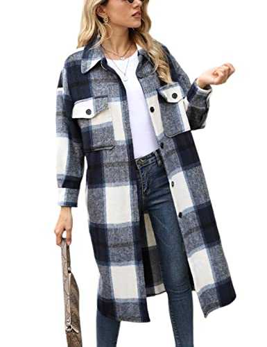 Lianlive Womens Long Paid Shacket Wool Blend Button Down Flannel Shirt Jacket Coat