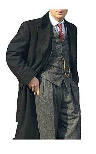 JACKETZONE Mens Thomas Shelby Wool Long Coat Black | Peaky Blinders Trench Overcoat