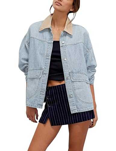 Lumister Womens Jean Jacket Oversized Button Down Side Pockets Winter Long Sleeves Contrasting Demin Jacket