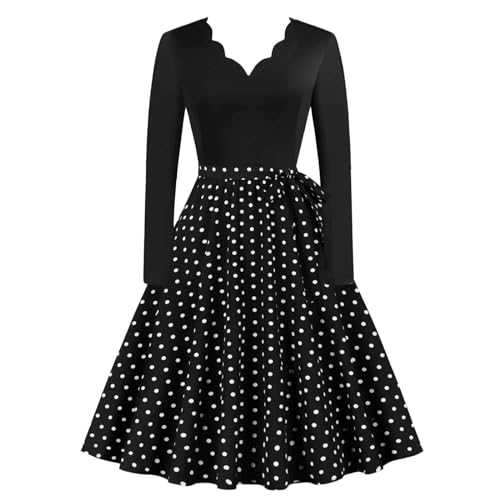 Dresses for Women UK Vintage V Neck Long Sleeve A Line 50S 60S Swing Dress Party Dresses Rockabilly Polka Dot Midi Dress Pleated Cocktail Dress Evening 1940S Dress Audrey Hepburn Wedding Dress