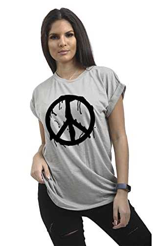 Fashion Star Womens Peace Green Printed Baggy Oversized Tee Top Turn Up Cap Sleeve Basic T Shirt G