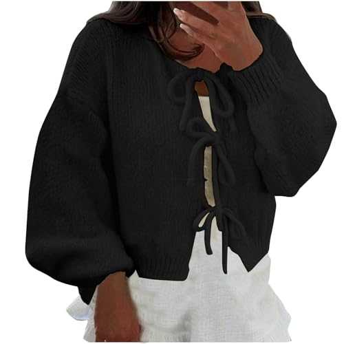 Mrat Women Tie Front Knitted Cardigan Y2k Oversized Sweater Coat Solid Color V-Neck Jumper Long Puff Sleeve Loose Knitwear Cardigan Open Front Comfy Soft Lightweight Tops Outwear Winter Warm Clearance