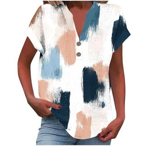 Yolimok Women Linen Top Vintage Floral Striped V Neck Short Sleeve Womens Shirts Elegant Work Blouses Cotton Linen T Shirts Casual Loose Button Tunic Tops Summer Boho Baggy Blouse Plus Size