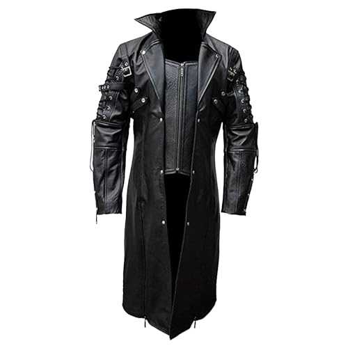 Mens Classic Gothic Steampunk Coats Punk Faux Leather Length Overcoat Stylish Goth Matrix Trench Coats