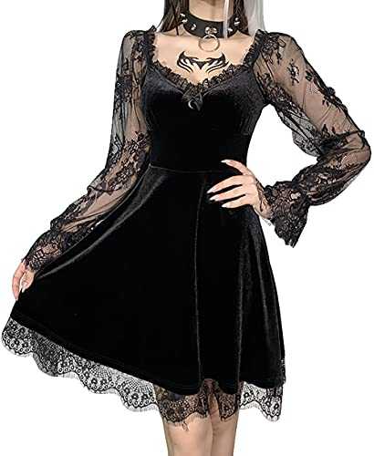 Gothic Lace Velvet Short Dress V Neck Half Moon Sexy Halloween Party Dress Cocktail Casual Mini Dress