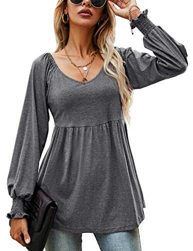 LOMON Women's Casual Puff Short Sleeve Tunic Tops V-Neck Pleated Flare Blouse T-Shirts