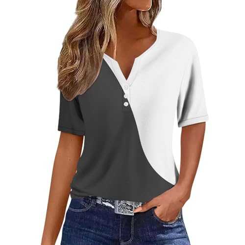 AMDOLE T Shirts for Women UK Solid Color Patchwork Button Short Sleeved Top T Shirt Women's Blouses & Shirts