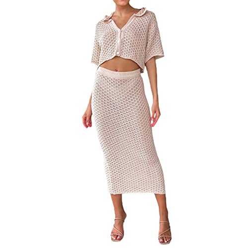 FeMereina Women's Two Piece Crochet Knit Outfits Short Sleeve Knit Button Crop Top High Waist Bodycon Midi Skirt Sets Hollow Out Cover Up