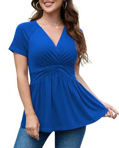 TIANZHU Tops for Women Empire Waist Wrap Baby Doll Tunic Top Long Sleeve Low Cut Shirt V Neck Flowy Blouse Size 8-26