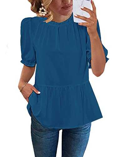 LookbookStore 2023 Blouses for Women Dressy Casual Peplum Tops Puff Sleeve Ruffle Mock Neck Dress Shirt Flowy Summer