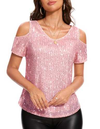 DRESSTELLS Sequin Tops for Women Sparkly Glitter Shirts Cold Shoulder V Neck Blouses Party Tanks Club Concert Fall Blouses