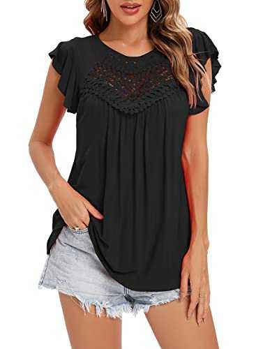 Women's Summer Tops Ruffle Short Sleeve Lace Pleated Blouses Casual Knit Shirts Tunic Tops