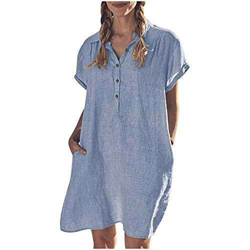 Women Dresses Promotion Sale Clearance,Fashion Ladies Summer Casual Cotton Loose Short Sleeve Solid Shirt Dress Plus Size Dress Party Elegant Dress Vintage Dress UK Size S - XXXXL