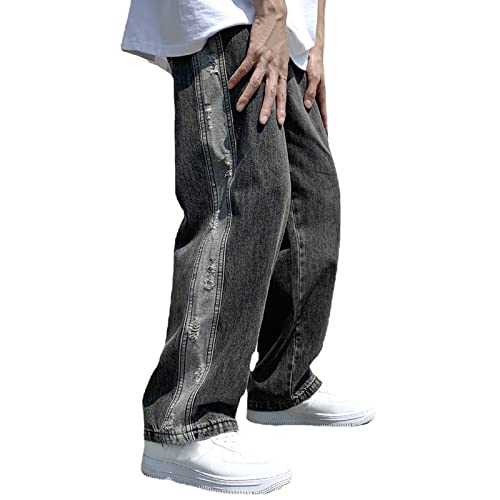 Men's Loose Fit Jeans Torn Men's Tracksuit Bottoms Side Stripes with Casual Trousers Slip-On Trousers Leg with Wide Plain Relaxation Trousers with Pockets Streetwear Casual Stand Trousers