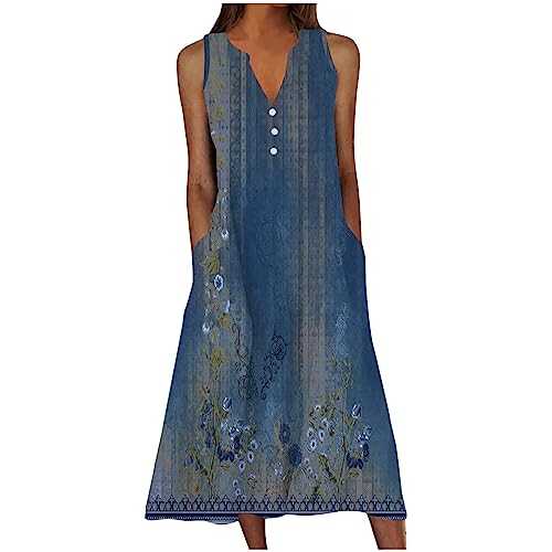 Maxi Dresses for Women UK Sale Clearance, Summer Casual Sleeveless Long Dress Bohemian Floral Print Sundress V Neck Button Midi Skirt Ladies T Shirt Dress Flowy Swing Beach Outfit Holiday Clothes