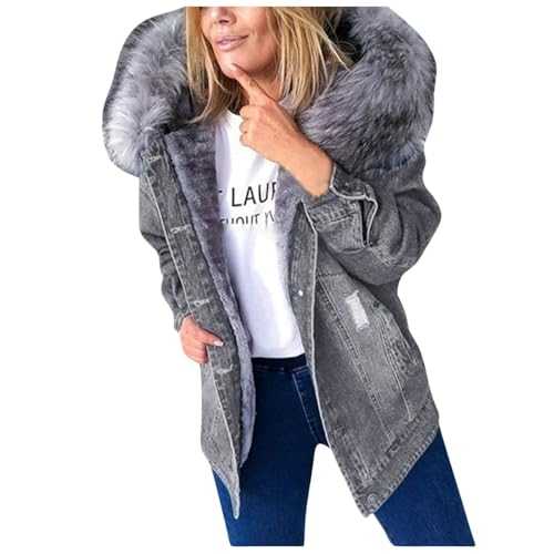 Berimaterry Fleece Jacket Women Denim Jacket Solid Fleece Lined Long Winter Padded Coat with Fur Hood Ladies Buttons Down Long Sleeve Pocket Denim Jean Jackets Trendy Coats