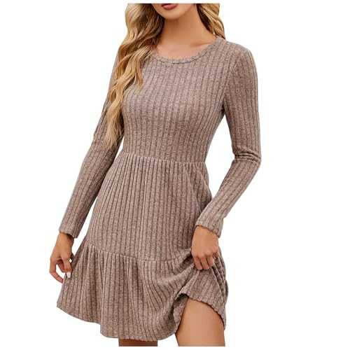 AMhomely Jumper Dress for Women UK Long Sleeve Soft Cotton High Waist Tiered Mini Dress Ruffle Swing Dress Ribbed Solid Color Winter Warm Clothes