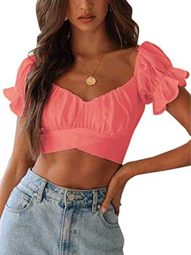 Avanova Women's Ruffle Short Sleeve Off Shoulder Tie Up Back Crop Blouse Top