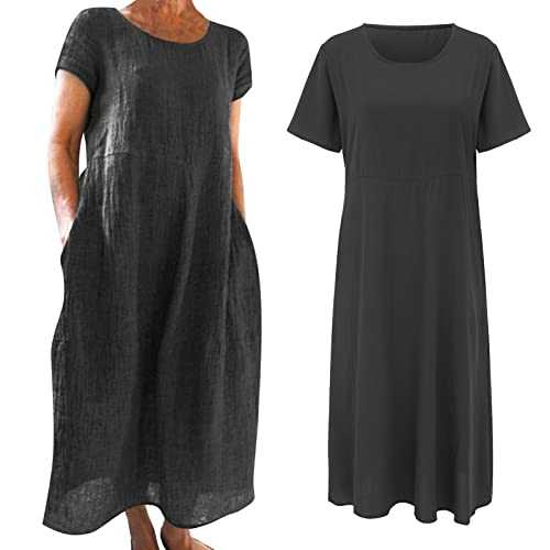 Summer Linen Dresses for Women UK with Pockets Plus Size Loose Casual Maxi Dress Ladies Short Sleeve Crew Neck Beach Dresses Solid Holiday Bohemian Sundress Lightly Soft Women's Boho Dress