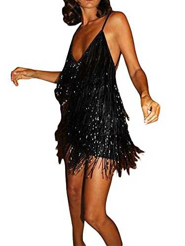 Fiacafyo Sparkly Tassels Fringe Dress for Women Sexy Bodycon Sequins Slip Mini Dress Deep V Neck Backless Sleeveless Party Dress