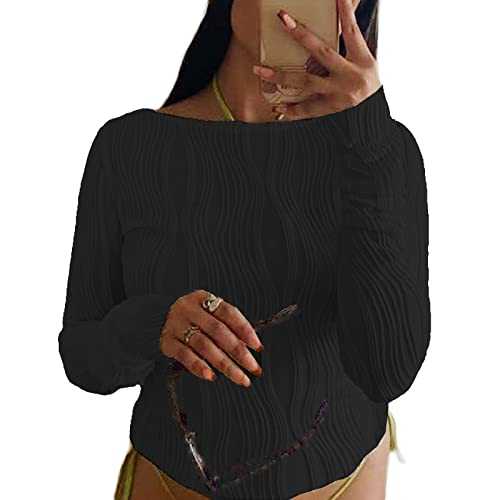FeMereina Women's Y2K Long Sleeve Pleated Shirt Crew Neck Slim Fit Textured Crop Top Ribbed Pullover Blouse Tops Aesthetic Streetwear
