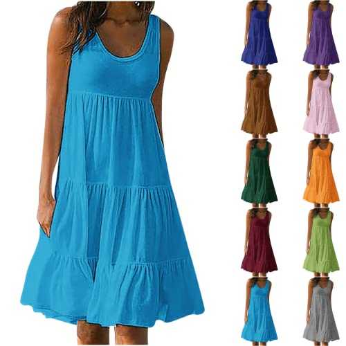 AMhomely Summer Dresses for Women UK Plus Size Skater Dress Casual Sleeveless Tank Dress Ladies Round Neck Knee Length Sundresses Trendy Beach A Line Tunic Dress Loose Shift Dress Clearance