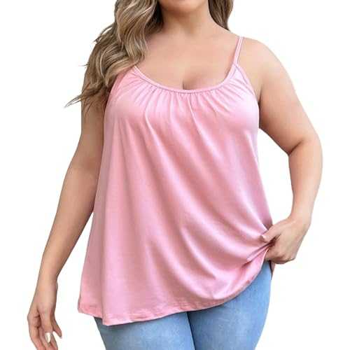 Women's Vest Top with Built in Bra UK, Plus Size Sleeveless Strappy Padded Loose Fit Summer Tops, Lightweight Soft Support Camisole Top, Adjustable Shoulder Strap Solid Vests