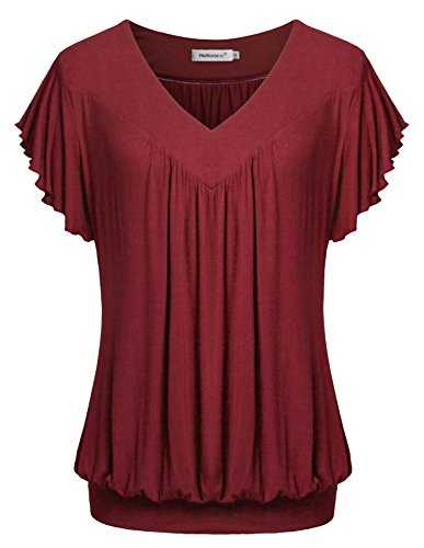 Womens V Neck Short Ruffled Cap Sleeves Banded Hem Bottom T Shirts Loose Tops with Shirred