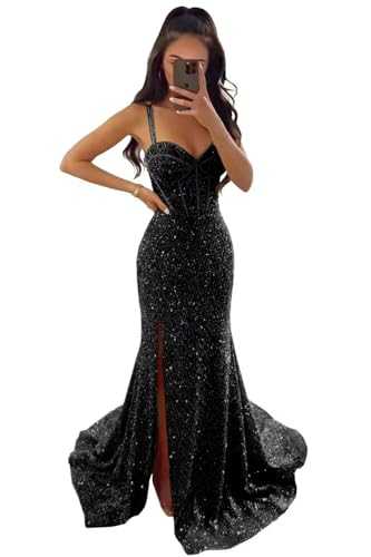 Women’s Sequin Prom Dresses Long Sparkly Mermaid Ball Gowns Spaghetti Straps Slit Formal Evening Party Dress with Train