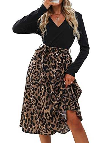 CUPSHE Women's Maxi Dress V Neck Long Sleeve Tie Belt A-Line Casual Dress Party Cocktail Midi Skater Dress