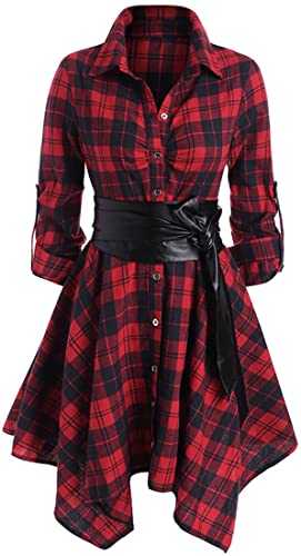 OLIPHEE Women's Shirt Dress Check Tartan Shirt Long Sleeve Blouse Mini Dress Long Top Waist Belt Plaid Shirt Skirt