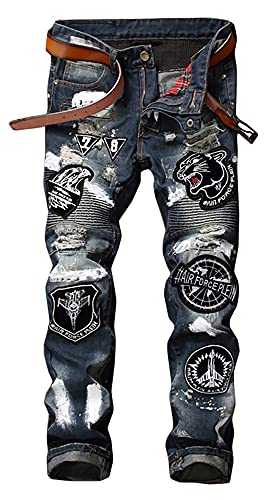 Enrica Men's Ripped Straight Slim Moto Biker Jeans