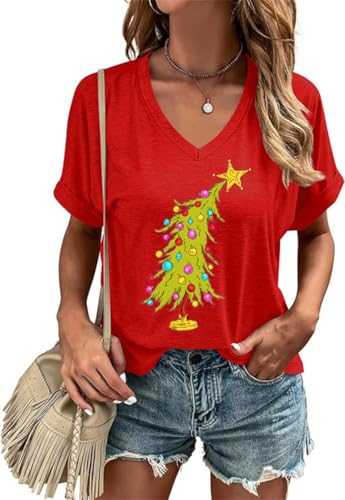 Women's V Neck Christmas T-Shirt Winter Casual Funny Family Xmas Party Short Sleeve Graphic Tees Tops