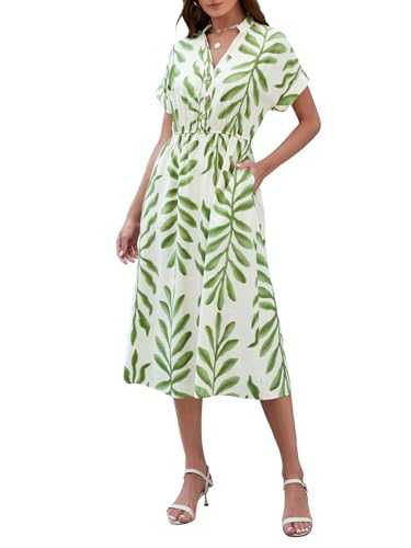 Women's V Neck Dress Summer Dresses Leaf Print Elegant Dress with Pockets Neckline with Buttons Knee Length