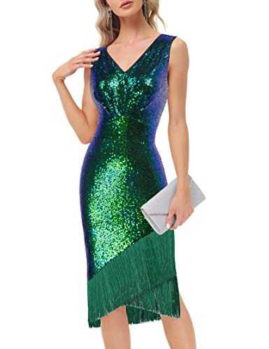 Belle Poque Women 1920s Sequins Dress Tassel V-Neck Sleeveless Evening Dress