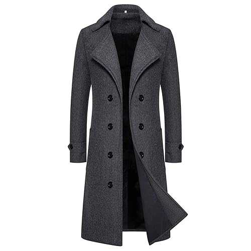 Mens Trench Coat Thick Jacket Warm Casual Overcoat Wool Overcoat Full Length Double Breasted Long Pea Coat Winter Outerwear Casual Long Jacket