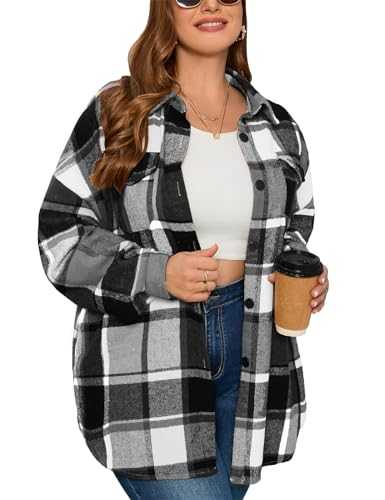 ZOMVA 2023 Women's 0X-5X Plus Size Flannel Plaid Shacket Jacket Oversized Button Down Coats Shirts Winter Fall