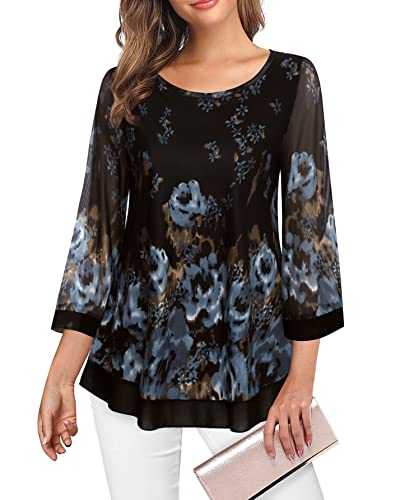 Furnex Womens Elegant 3/4 Sleeve Tunic Tops Floral Blouses Mesh Layered Shirts