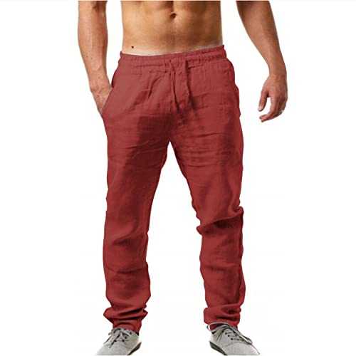 Mens Linen Trousers Cotton Jogging Bottoms | Tracksuit Bottoms Comfortable Baggy Pants Lightweight Pants | Loose Fit Drawstring Trousers Casual Yoga Pants | Elastic Beach Pants with Pockets Straight