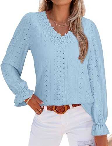 Akiooue Women's Lace Long Sleeve Tops V Neck Puff Sleeve Blouse Shirts Casual Solid Tunic Tops Dressy Tshirts