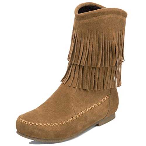 MJIASIAWA Women Round Toe Winter Comfy Slip On Classic Fringe Short Flat Boots